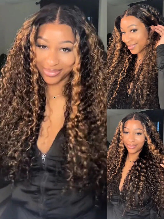 Burmese Curly Brown Highlight 13x6 Lace Frontal Wig Pre Everything Glueless Curly Human Hair Wig