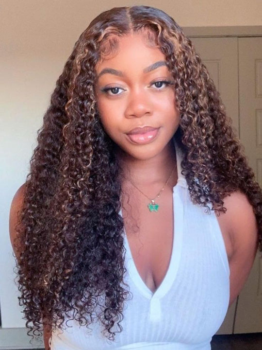 Burmese Curly Brown Highlight 13x6 Lace Frontal Wig Pre Everything Glueless Curly Human Hair Wig