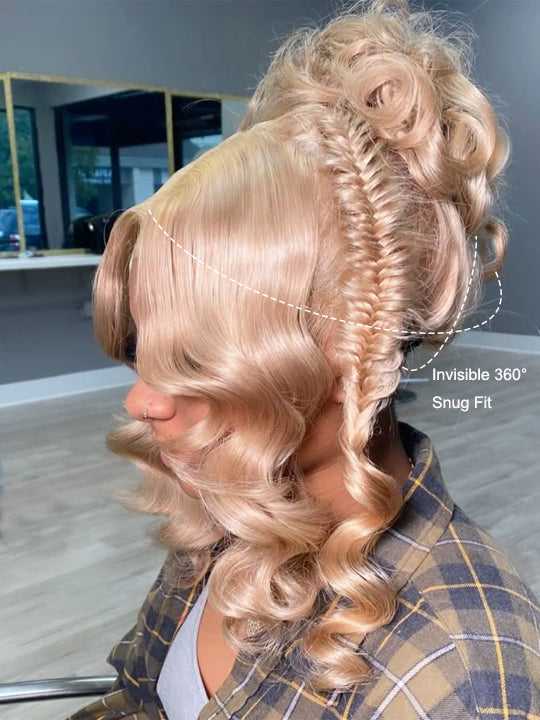 Kisslove Ash Blonde Hair 3D Body Wave Wig Snug Fit Invisi Strap 360 Lace Frontal Wigs