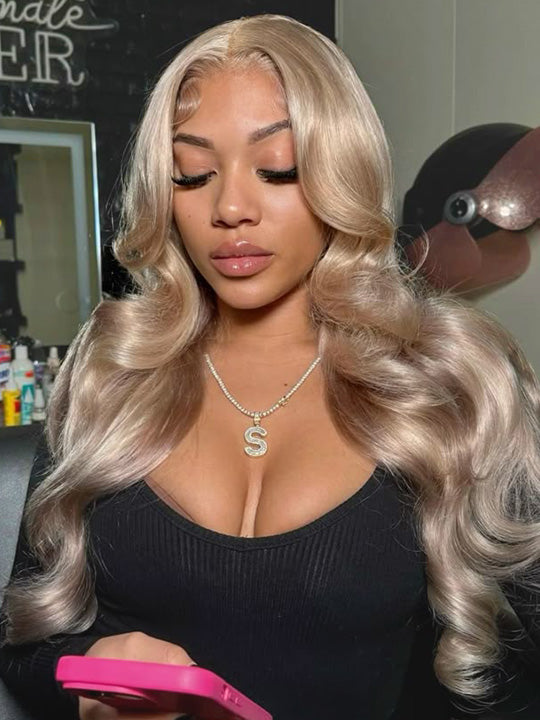 Ash Blonde Layered & Curtain Bangs 3D Body Wave 13x6 Lace Frontal Pull Go Human Hair Wigs - KissLove Hair