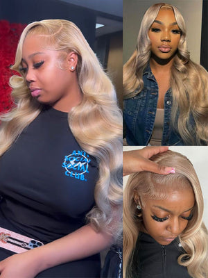 Ash Blonde Layered & Curtain Bangs 3D Body Wave 13x6 Lace Frontal Pull Go Human Hair Wigs - KissLove Hair
