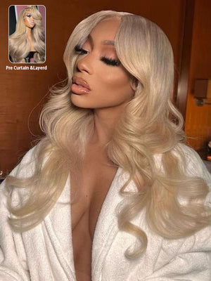Ash Blonde Layered & Curtain Bangs 3D Body Wave 13x6 Lace Frontal Pull Go Human Hair Wigs - KissLove Hair