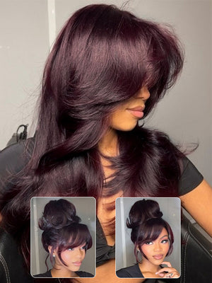 Kisslove Glueless Invisi-Drawstring 360 Lace Wig Dark Plum Color Curtain Bangs & Layered Body Wave Wig - Kisslove Hair