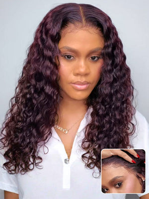Kisslove Hair Black Cherry Water Wave Invisi Drawstring Lace Frontal Wig Glueless Dark Plum Color Wig - Kisslove Hair