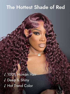 Kisslove Hair Black Cherry Water Wave Invisi Drawstring Lace Frontal Wig Glueless Dark Plum Color Wig - Kisslove Hair
