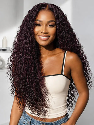 Kisslove Hair Black Cherry Water Wave Invisi Drawstring Lace Frontal Wig Glueless Dark Plum Color Wig - Kisslove Hair