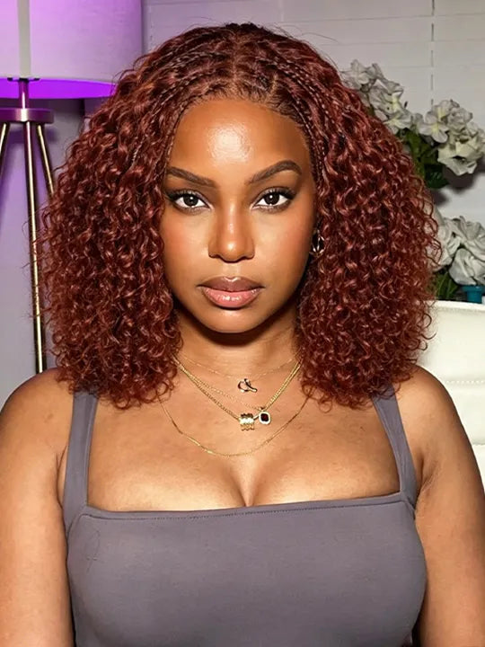 #33 Reddish Brown Water Wave Boho Braided Wig Pre Everything Beginner Friendly Lace Wig - KissLove Hair