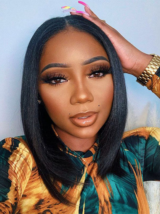Kisslove Double Drawn Bone Straight/Yaki Straight Hair 13x4 Lace Frontal Bob Wig Invisi-Drawstring Pull GO Wig
