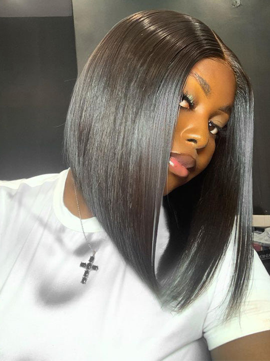 Kisslove Double Drawn Bone Straight/Yaki Straight Hair 13x4 Lace Frontal Bob Wig Invisi-Drawstring Pull GO Wig
