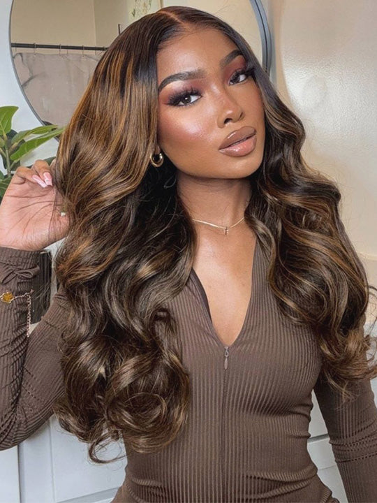 Kisslove Pre Everything Brown Bayalage Highlights 3D Body Wave Wig Pull Go Drawstring Wig