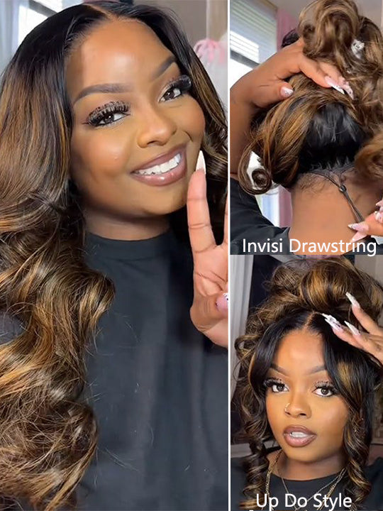 Kisslove Pre Everything Brown Bayalage Highlights 3D Body Wave Wig Pull Go Drawstring Wig
