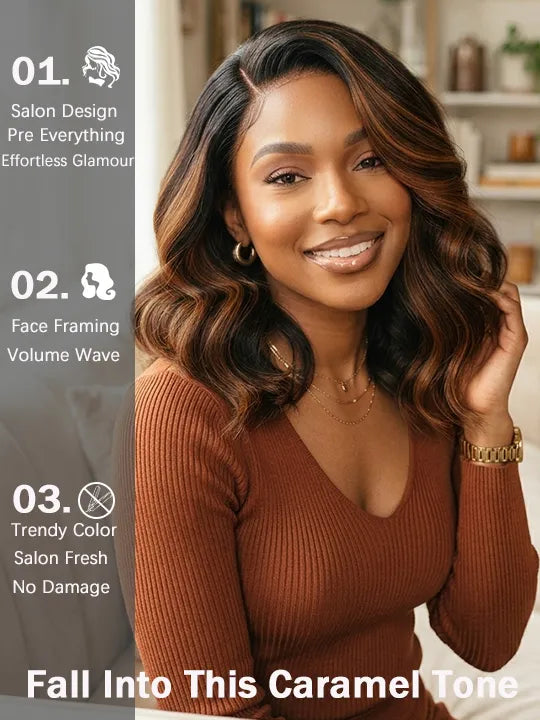 Caramel Highlight Side Part Body Wave Bob Wig Glueless Pre Styled 7x5/13x4 Lace Frontal Short Bob Wigs