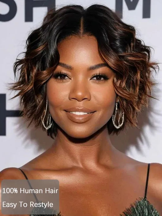 Pre Layered Brown Highlight Pixie Bob Wig Glueless 7x5 Lace Pull and Go Human Hair Wigs