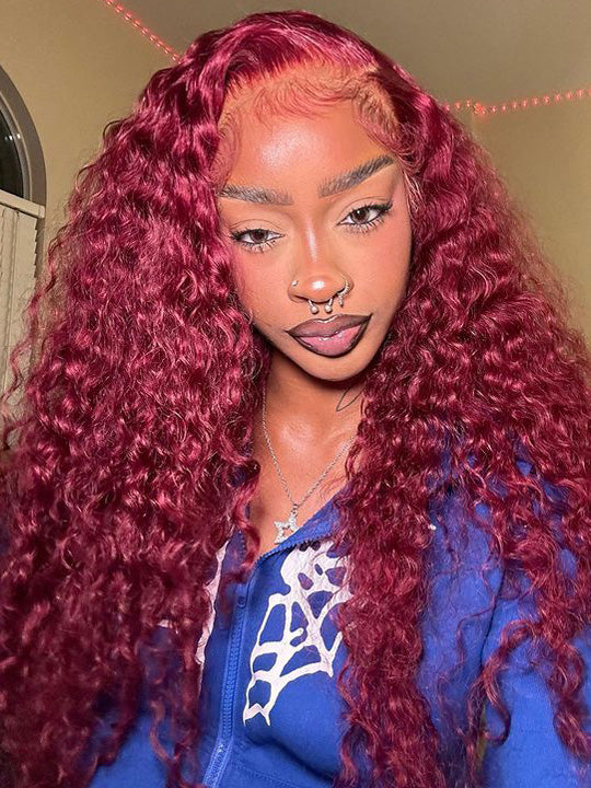 99J Burgundy Color Deep Wave 13x4 13x6 Lace Front Wigs Pre Plucked Human Hair Wigs
