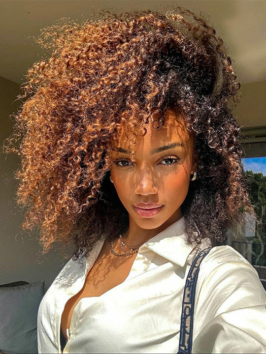 [3 In 1 Half Wig] Ombre Chocolate Brown to Chestnut Brown Highlights Hair Kinky Curly Flip Over Glueless Half Wig