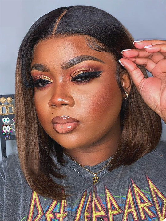 Ombre Mocha Brown Yaki Straight Bob Wig Pre Cut Pre Bleached Glueless Ready To Wear Wig - KissLove Hair