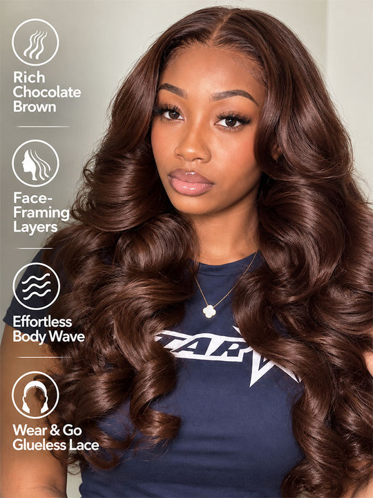 Chocolate Brown Pre Layered Loose Body Wave Wig Glueless Face Framing Layer Cut Peacock Curls Lace Frontal Wig