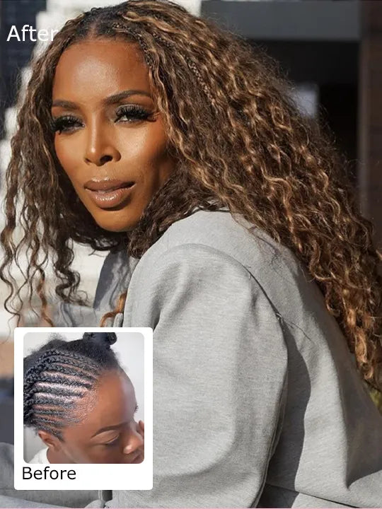 Brown Balayage Water Wave Miracle Knots Crochet Hair Colored Human Hair Extensions for Braids - KissLove Hair
