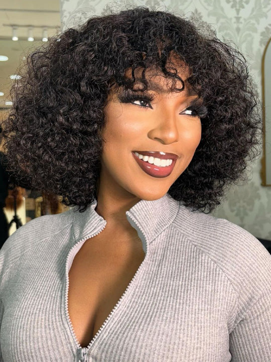 [Wear & Go] Bob Wig With Bangs Jerry Curly Hair Glueless Machine Made None Lace Wig - KissLove Hair