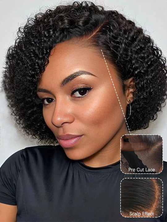 Pre Styled Pixie Curly Hair Glueless Side Part Lace Wig Bomb Hairstyle 100% Human Hair Wigs - KissLove Hair