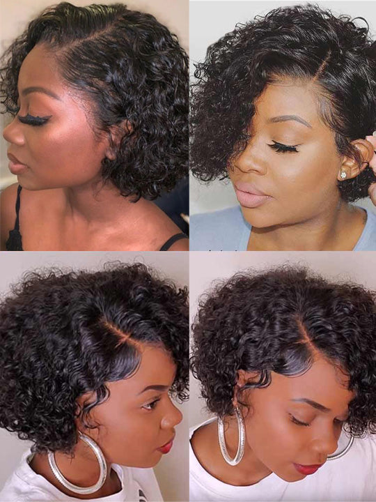 Pre Styled Pixie Curly Hair 4x4 Glueless Short Cut Side Part Lace Wig 100% Human Hair