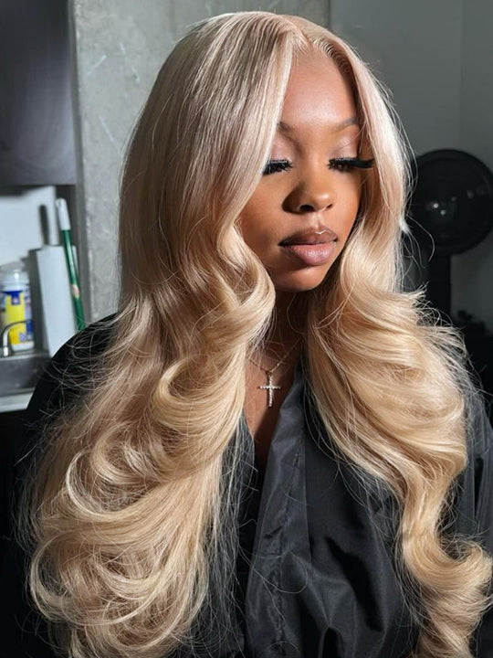 Ash Blonde Layered & Curtain Bangs 3D Body Wave 13x6 Lace Frontal Pull Go Human Hair Wigs - KissLove Hair