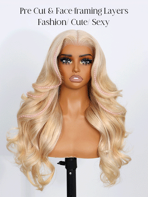 Kisslove Hair Ash Blonde Layered & Curtain Bangs 3D Body Wave Pull Go Human Hair Wigs - KissLove Hair