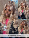Ash Blonde Layered & Curtain Bangs 3D Body Wave 13x6 Lace Frontal Pull Go Human Hair Wigs