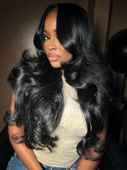 3D Body Wave Wig With Curtain Bangs 5x5 HD Lace Wigs 14A Virgin Human Hair Wigs