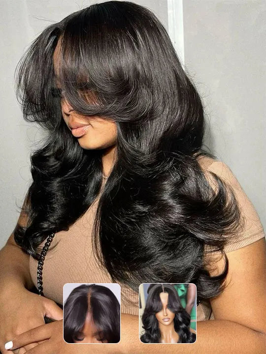 3D Body Wave Wig With Curtain Bangs 5x5 HD Lace Wigs 14A Virgin Human Hair Wigs - Kisslove Hair