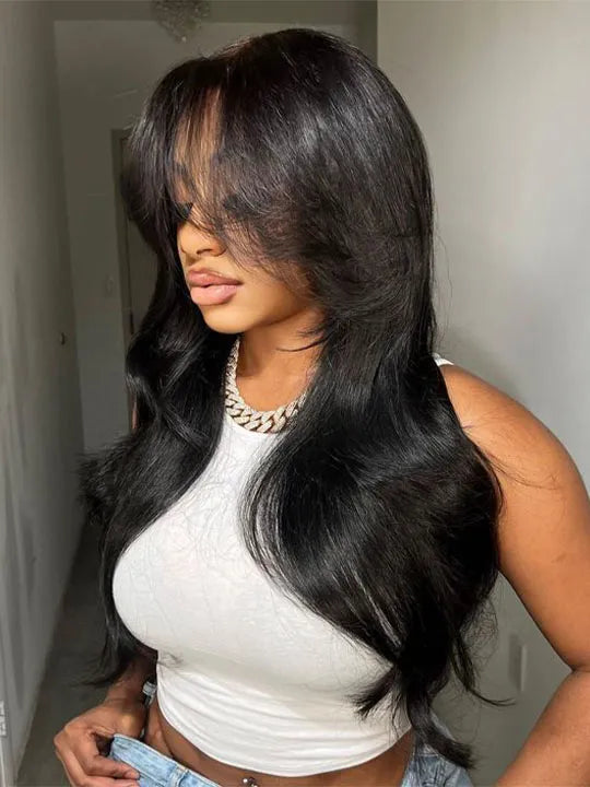 3D Body Wave Wig With Curtain Bangs 5x5 HD Lace Wigs 14A Virgin Human Hair Wigs