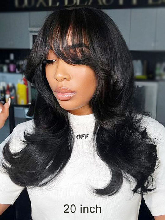 3D Body Wave Wig With Curtain Bangs 5x5 HD Lace Wigs 14A Virgin Human Hair Wigs
