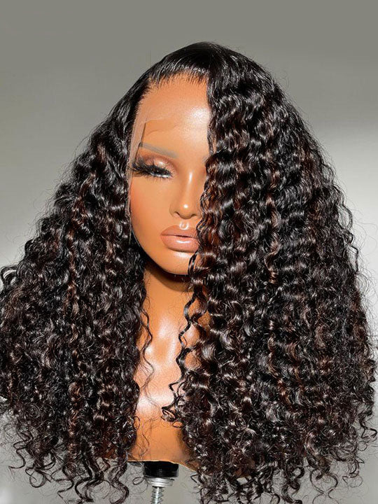 [Flash Deal] KissLove Dark Brown Highlights 360 Lace Wig Straight Hair/Deep Wave Wig with Invisi-Drawstring Cap