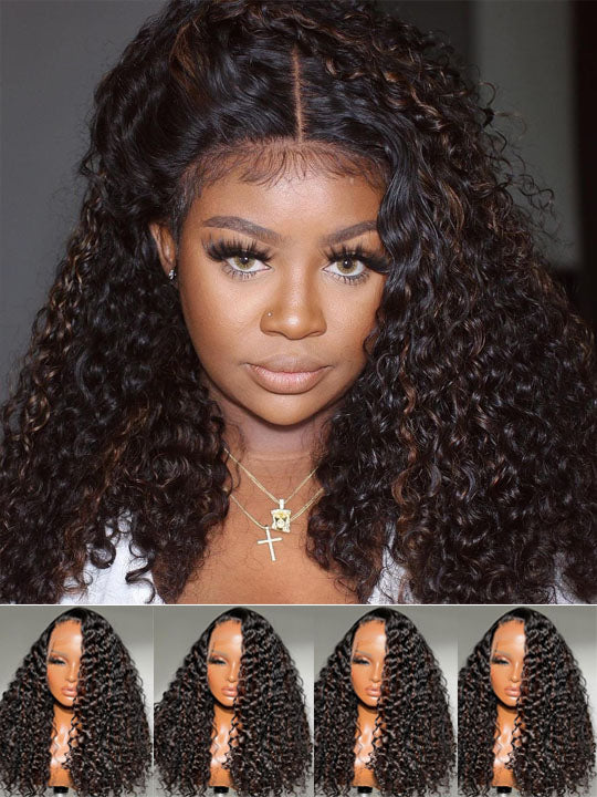 [85% Off] KissLove Dark Brown Highlights 360 Lace Wig Straight Hair/Deep Wave Wig with Invisi-Drawstring Cap - KissLove Hair