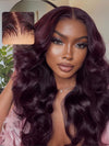 Kisslove Glueless Invisi-Drawstring 360 Lace Wig Dark Plum Color Curtain Bangs & Layered Body Wave Wig