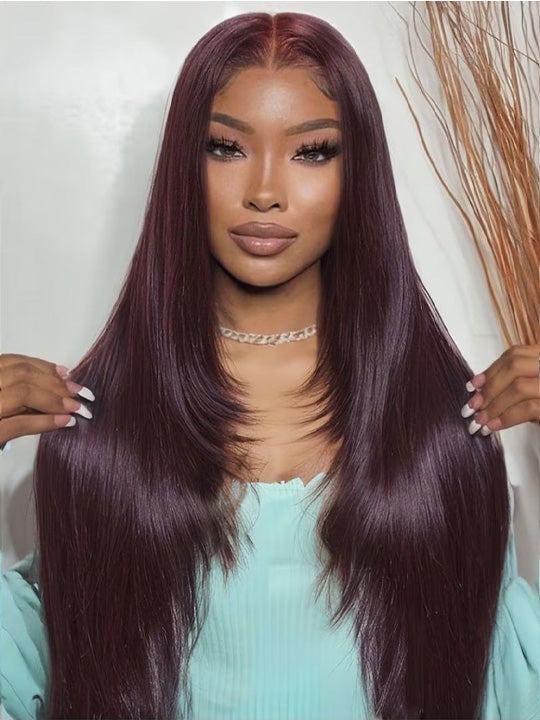 Kisslove Black Cherry Layered Straight Hair Glueless Invisi-Drawstring 360 Lace Wig Dark Burgundy Hair - Kisslove Hair