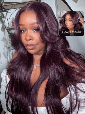 Kisslove Glueless Invisi-Drawstring 360 Lace Wig Dark Plum Color Curtain Bangs & Layered Body Wave Wig - Kisslove Hair