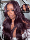 Kisslove Glueless Invisi-Drawstring 360 Lace Wig Dark Plum Color Curtain Bangs & Layered Body Wave Wig