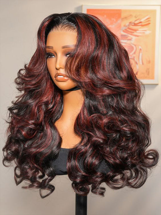 Kisslove Hair Dark Red Highlight Loose Body Wave 13x6 Full Lace Frontal Wig With Face Framing Layers