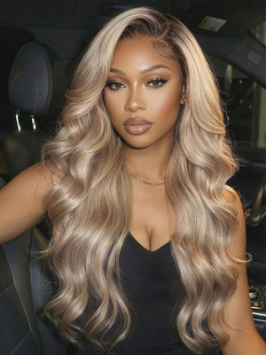 Ombre Ash Blonde Body Wave Wig Blonde Hair With Brown Roots Transparent Full Lace Frontal Wigs - KissLove Hair