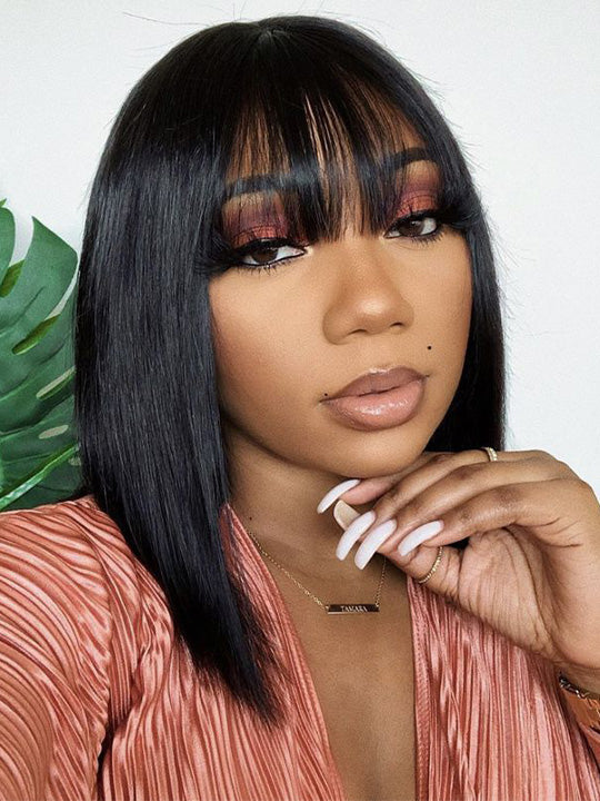 Kisslove Glueless Double Drawn 3x1 Middle Part Bob Wig Bone Straight /Yaki Straight Wig with Bangs Pull & Go Wig