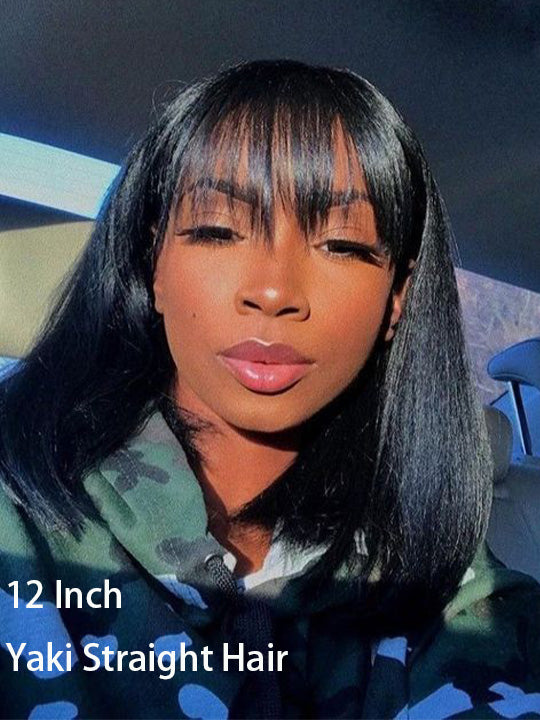 Kisslove Glueless Double Drawn 3x1 Middle Part Bob Wig Bone Straight /Yaki Straight Wig with Bangs Pull & Go Wig