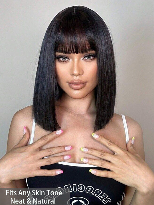 Kisslove Glueless Double Drawn 3x1 Middle Part Bob Wig Bone Straight /Yaki Straight Wig with Bangs Pull & Go Wig