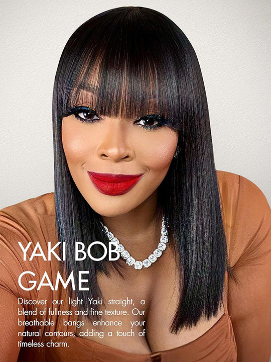 Kisslove Glueless Double Drawn 3x1 Middle Part Bob Wig Bone Straight /Yaki Straight Wig with Bangs Pull & Go Wig
