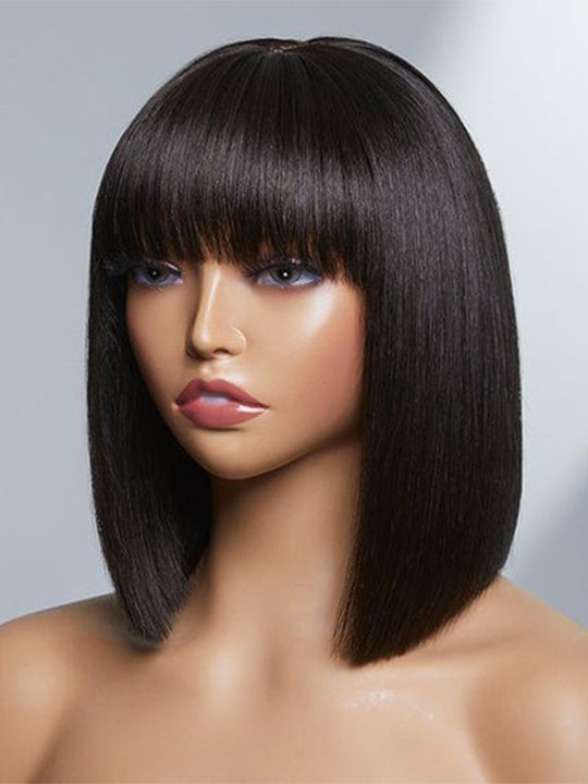 Kisslove Glueless Double Drawn 3x1 Middle Part Bob Wig Bone Straight /Yaki Straight Wig with Bangs Pull & Go Wig