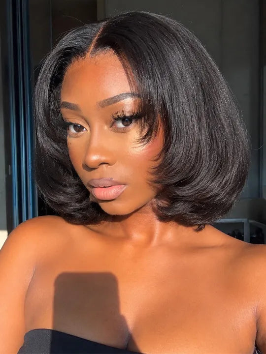 80s 90s Haircut Pre Layered Face Framing Straight Hair Bob Wig Glueless 5x5 Pixie Lace Wig - KissLove Hair