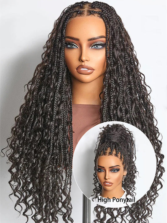 Glueless Full Lace Lightweight Ready-To-Go Box Braided Wig with Human Hair Boho Curls - KissLove Hair