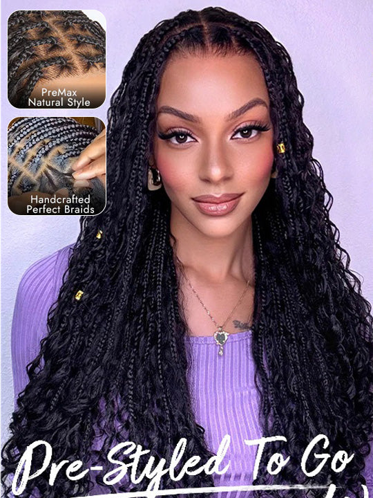 Glueless Full Lace Lightweight Ready-To-Go Box Braided Wig with Human Hair Boho Curls - KissLove Hair