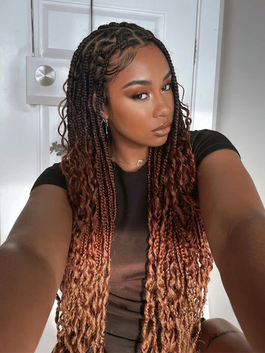 Ombre Chestnut Brown Full Lace Boho Braided Wig Glueless Invisi-Drawstring Ready To Go Wigs