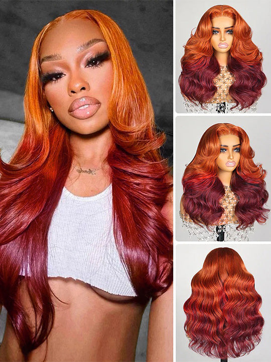 Ombre Ginger Brown Curtain Bangs 3D Body Wave Wig Pull & Go Drawstring Glueless Wig
